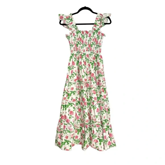 Hill House Ellie Nap Pink and Green Rose Print Floral Poplin Midi Dress XS Hill House Ellie Nap Pink and Green Rose Print Floral Poplin Midi Dress XS